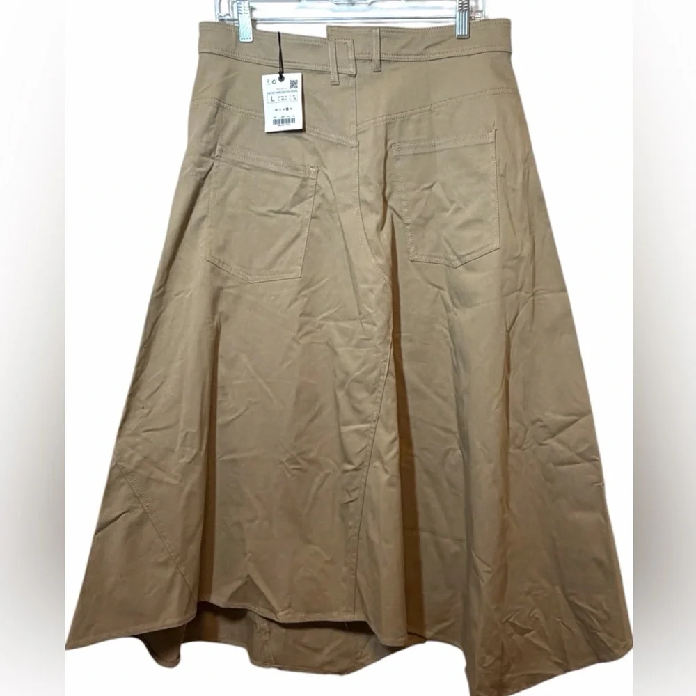 Zara NWT Asymmetrical Beige A- Line Midi Skirt with Front Slit Size L - Picture 4 of 12
